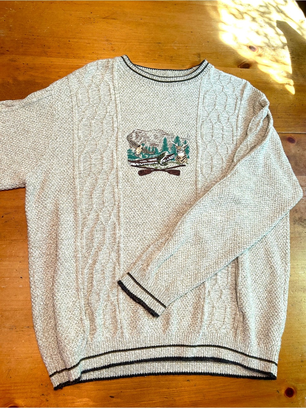 Men's Vintage Tan Cable Knit Sweater with Outdoor Embroidery